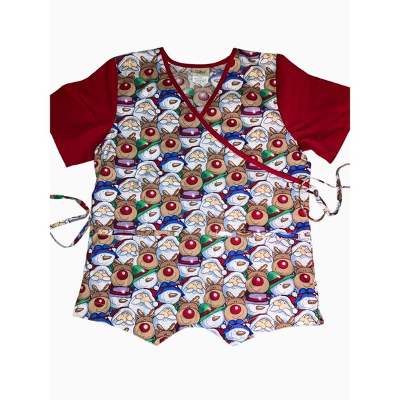 Tafford Christmas Holiday-Themed Scrub Top S Reindeer Pattern Cotton/Polyester - Picture 1 of 10